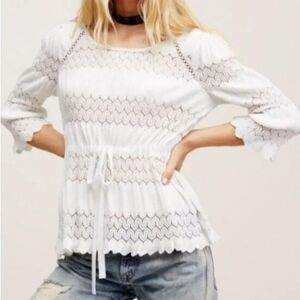 FREE PEOPLE Womens Top Small White Pullover Peplum Sheer Stretch FIRE ISLAND